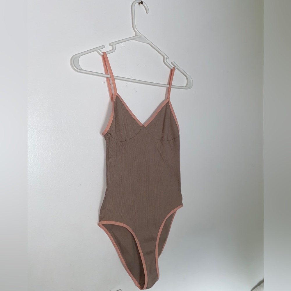 SOLD American/L.A. Apparel Ribbed Tank Bodysuit in Multi Tan Pink